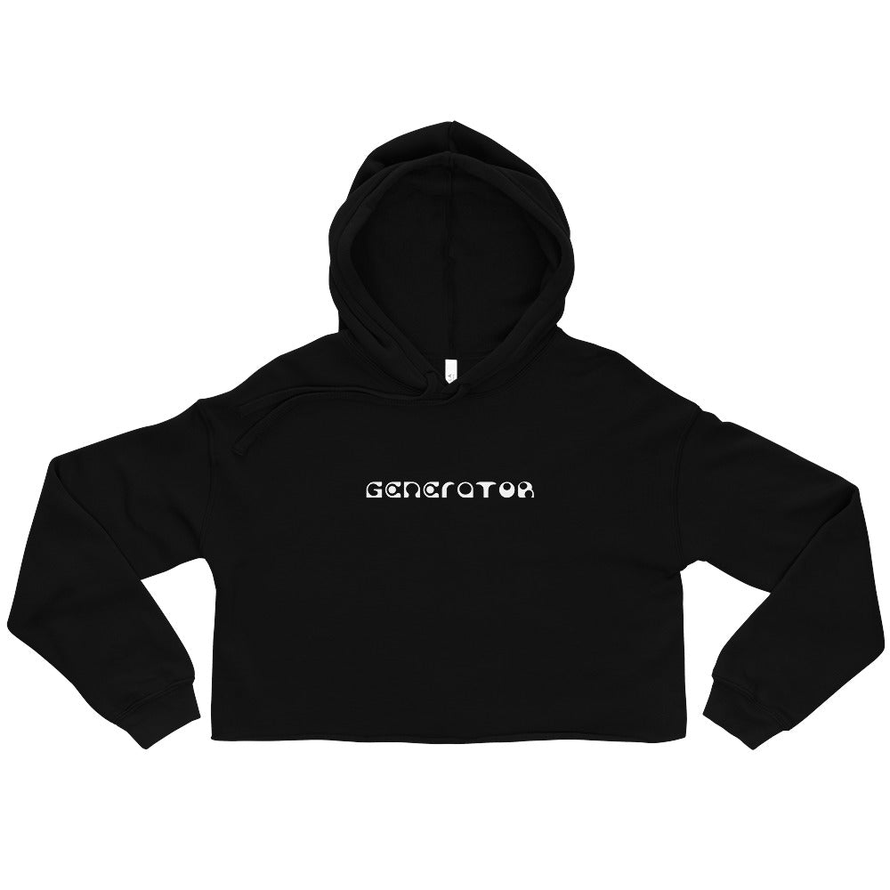 A black colored cropped hoodie sweatshirt with the word Generator printed in white on the chest