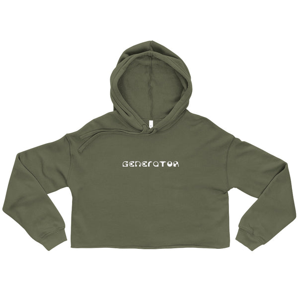 A military green colored cropped hoodie sweatshirt with the word Generator printed in white on the chest
