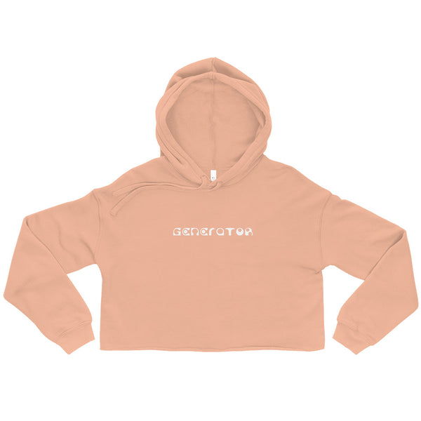A peach colored cropped hoodie sweatshirt with the word Generator printed in white on the chest