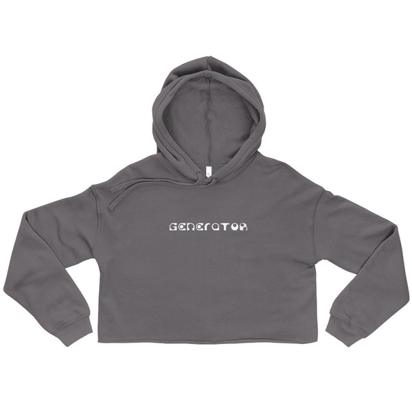 A storm gray colored cropped hoodie sweatshirt with the word Generator printed in white on the chest